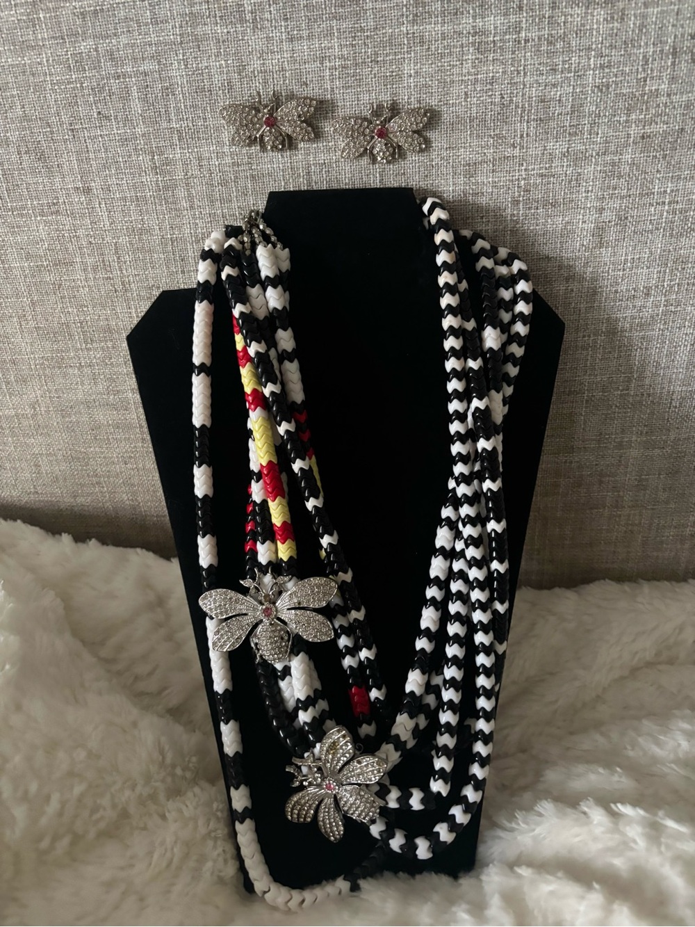 Sassy Jones Black & White Statement Necklace with Rhinestone brooch & Studs